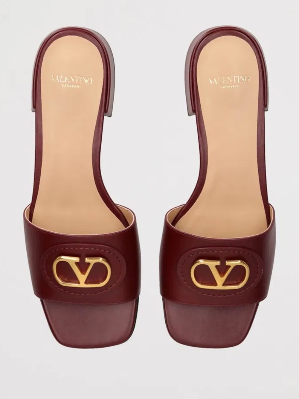Valentino Garavani Burgundy Leather Slide Mules with Gold V Logo